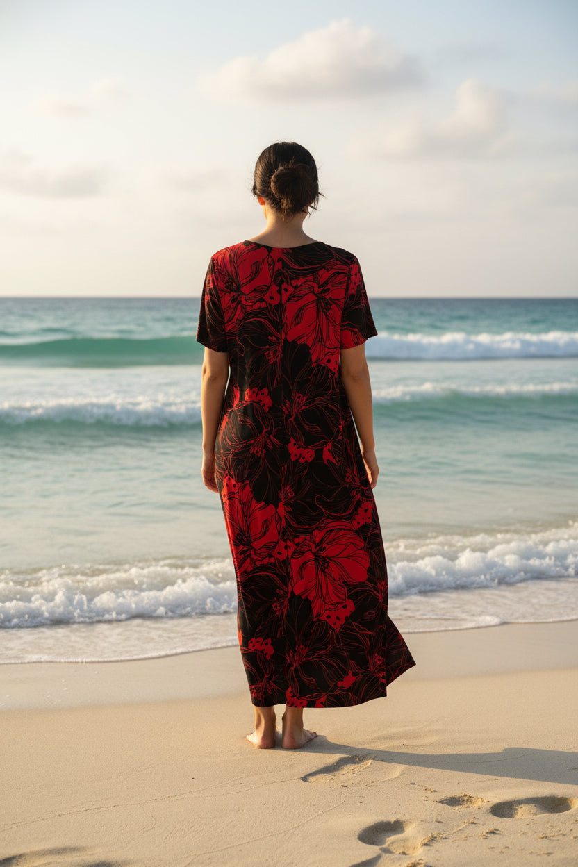 Jostar Red/Black Flower Print Long Dress