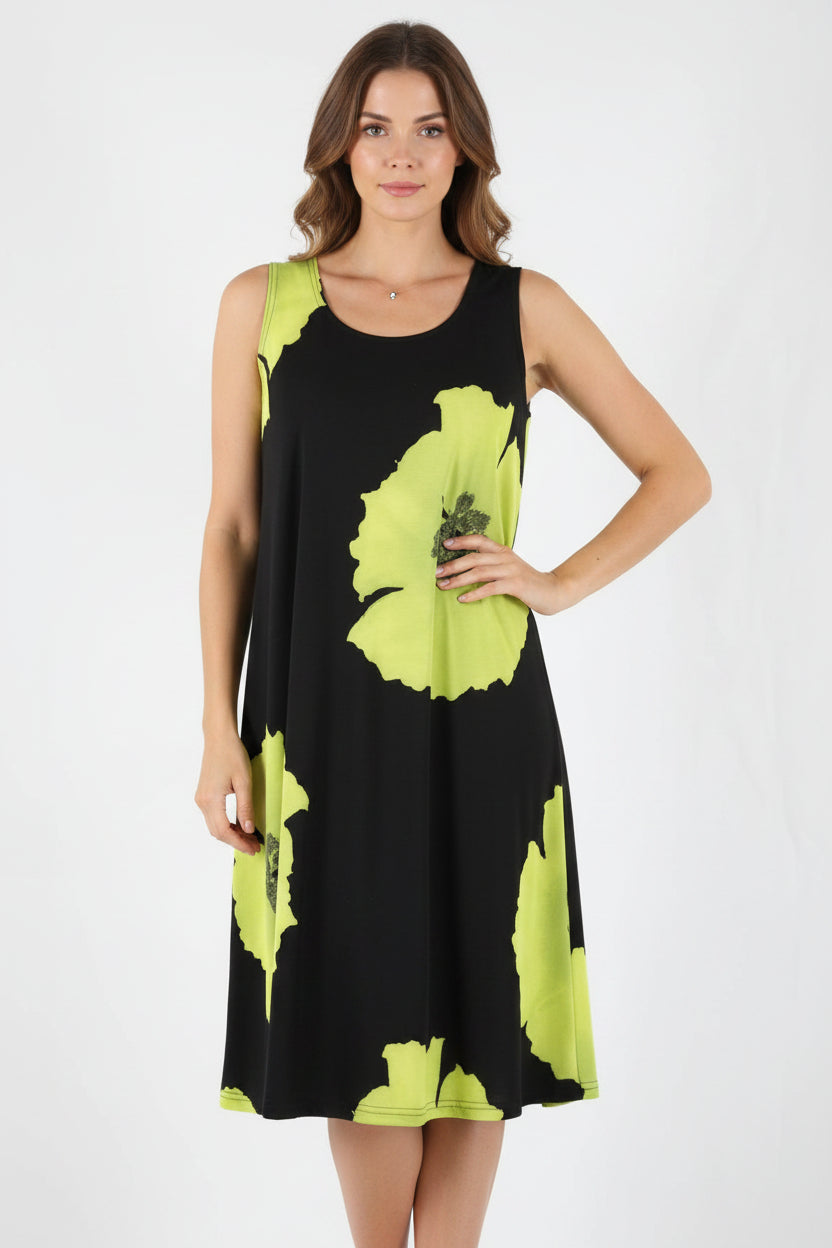 Jostar Knee Length Tank Dress - Green Big Flower - Polyester/Spandex