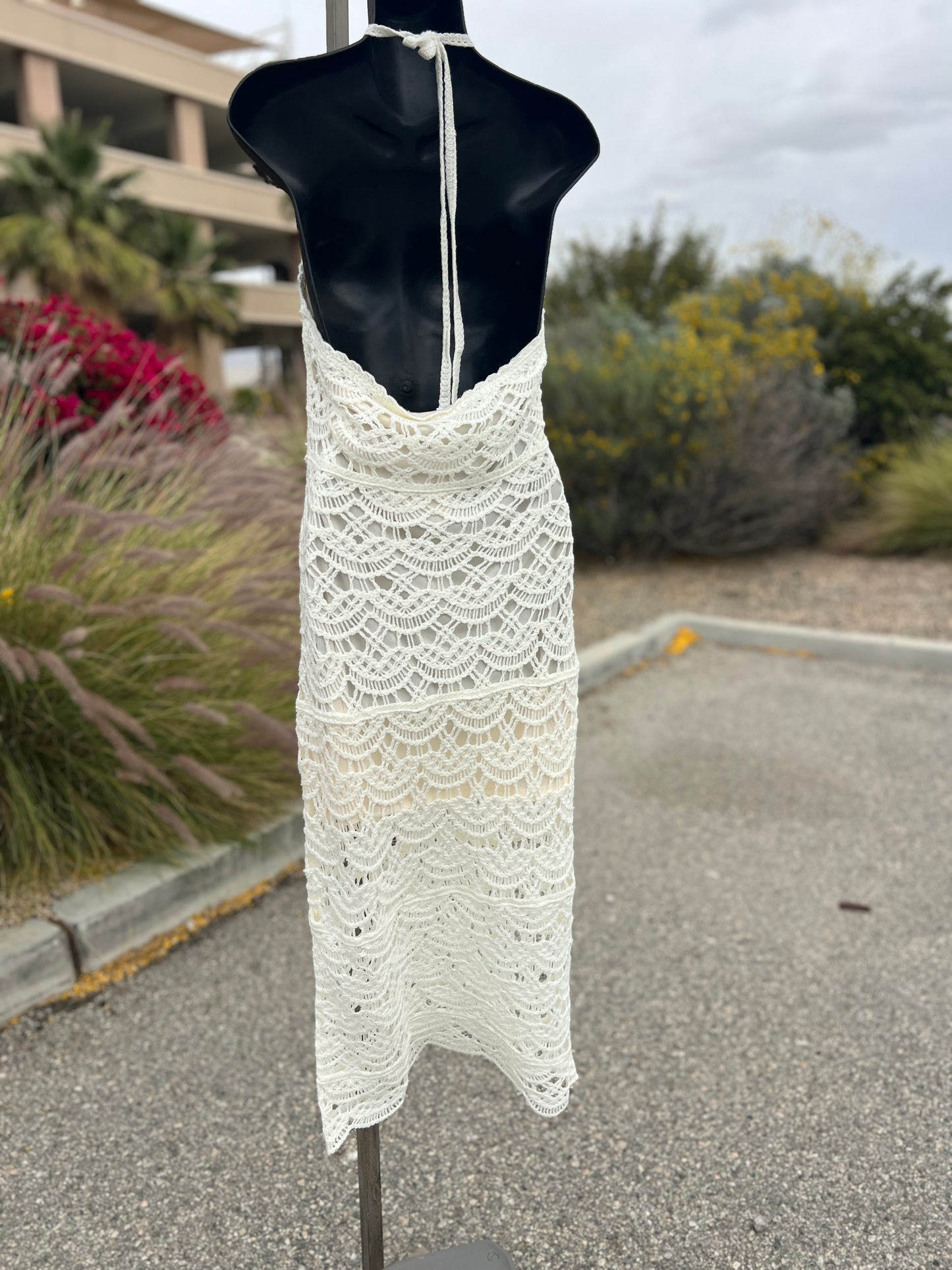 Small crocheted bone colored formal sleeveless dress