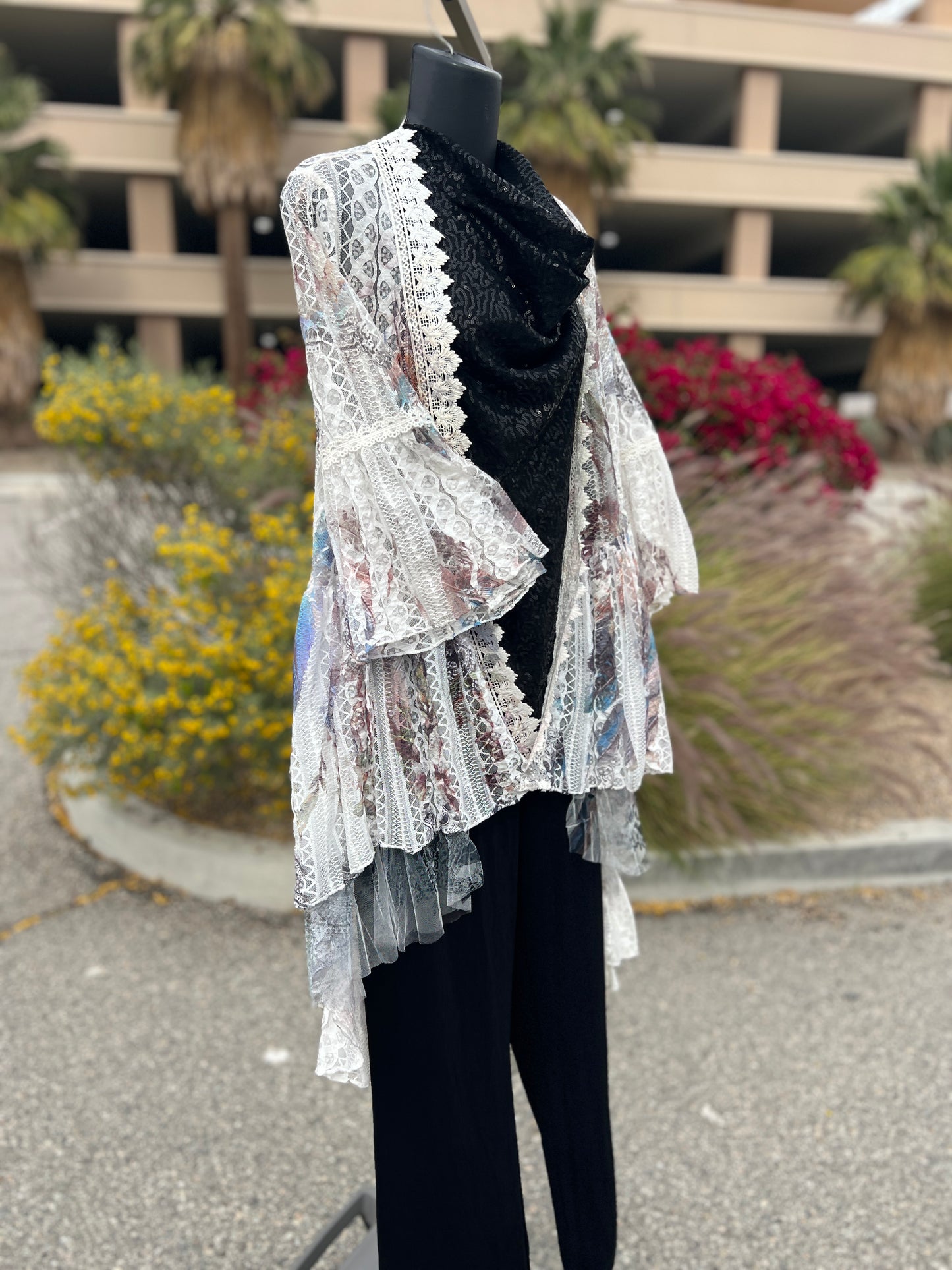 Origami women’s lace, multicolor, bell sleeve medium size long vest cover
