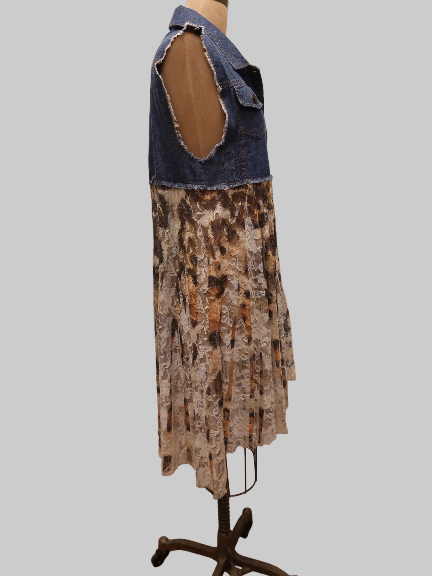 Origami Sleeveless Denim Vest S/M w/sheered lace animal print skirt NWOT