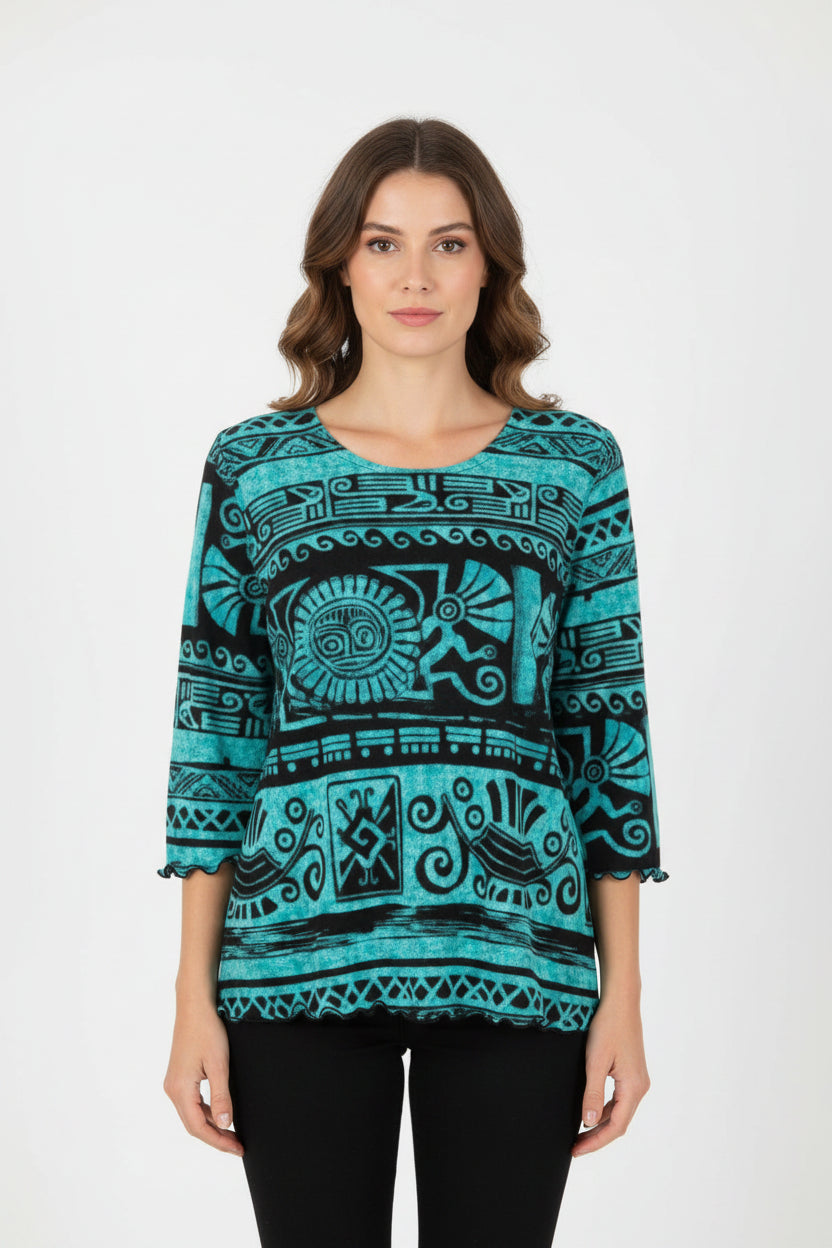 Jostar 3/4 Sleeve Top With Lettuce Finish - Teal Aztec - Polyester/Spandex