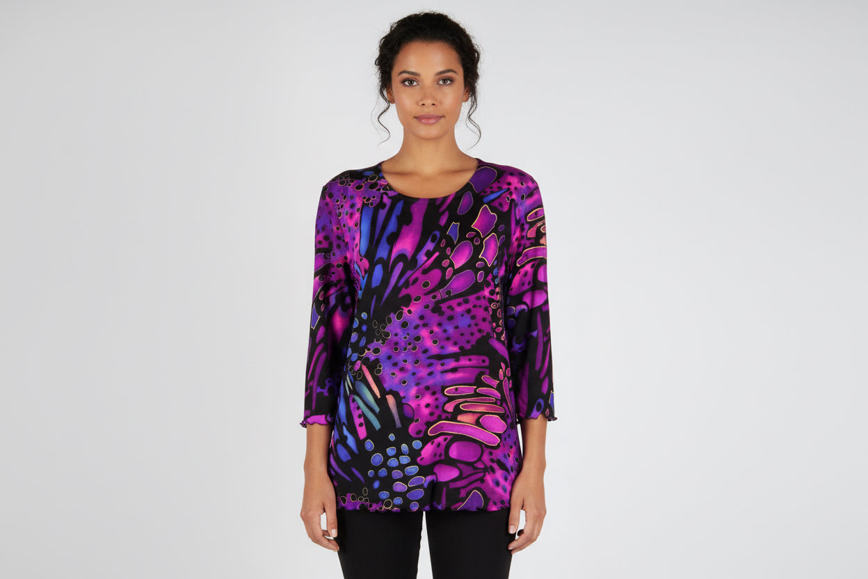 Jostar 3/4 sleeve top with lettuce finish - blue/purple print - polyester/spandex