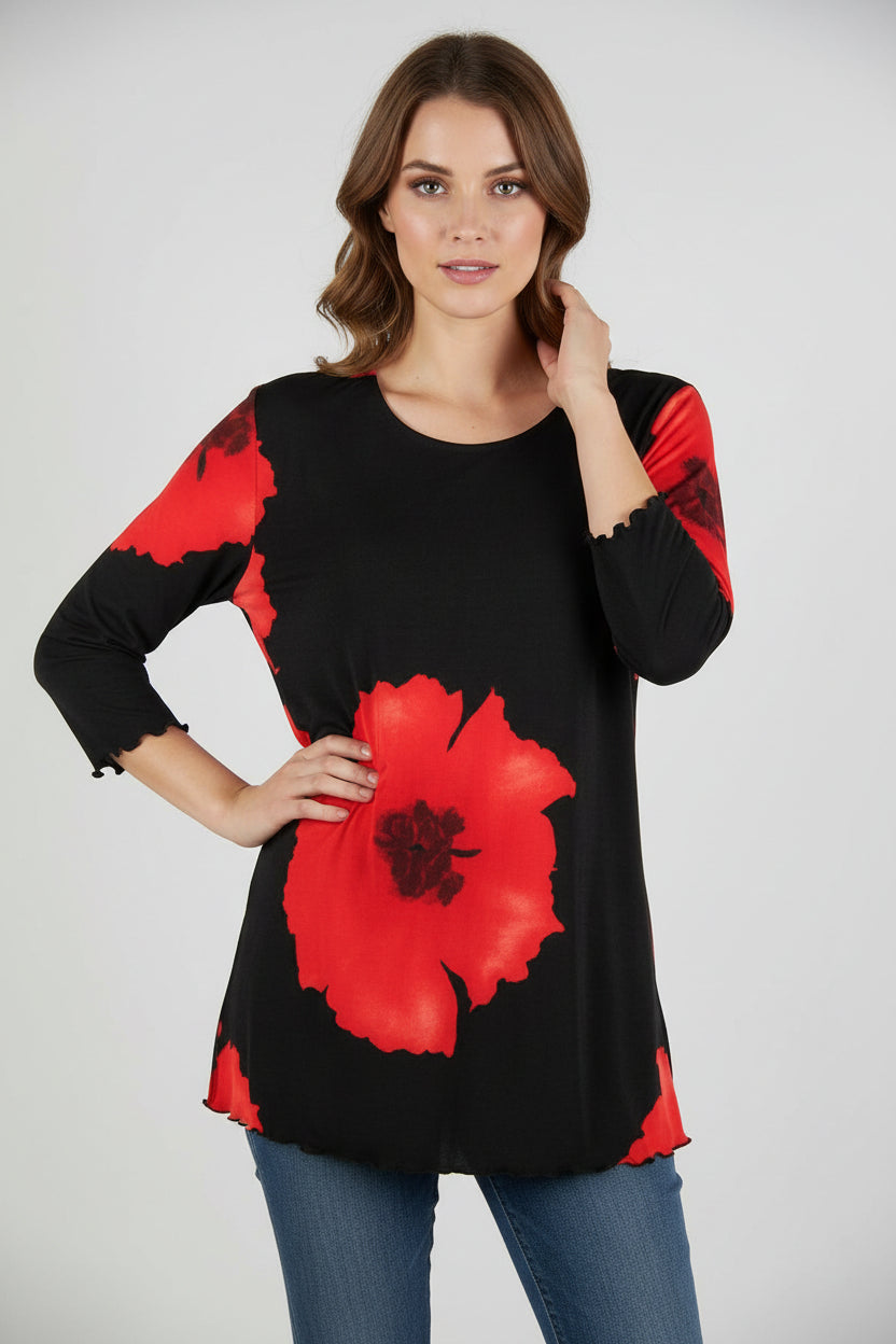 Jostar 3/4 sleeve Top with Lettuce Finish Big Red Flower - Polyester/Spandex