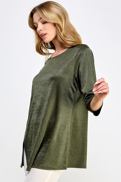 Jostar USA Satin Washer Round Neck 3/4 Sleeve Slit Top 3079SW-QRD1-D004