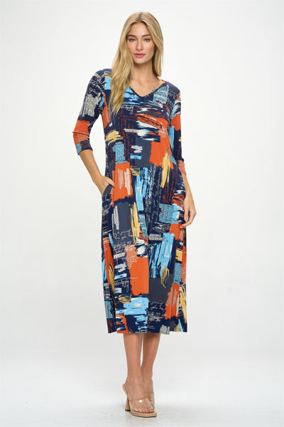 Jostar HIT V-Neck Long Dress w/Pocket Quarter Sleeve Print