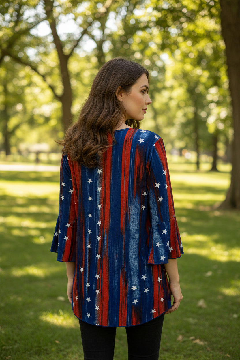 Jostar red and blue white stars three-quarter sleeve hip length women’s blouse New