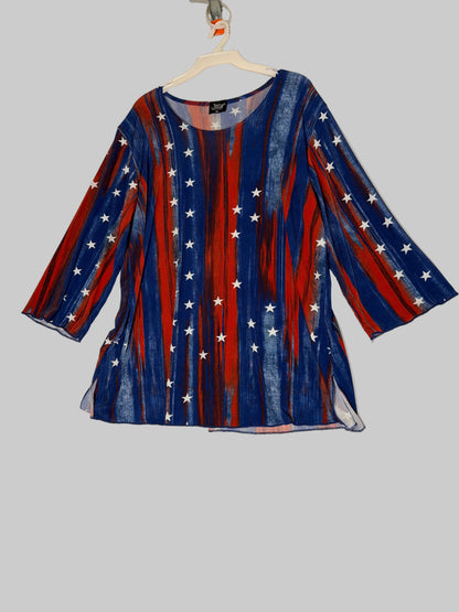 Jostar red and blue white stars three-quarter sleeve hip length women’s blouse New