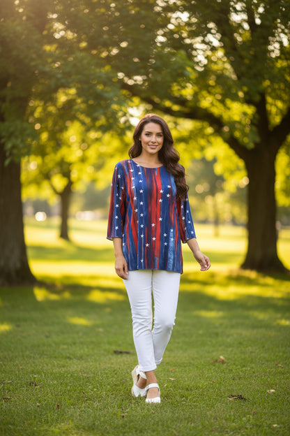 Jostar red and blue white stars three-quarter sleeve hip length women’s blouse New