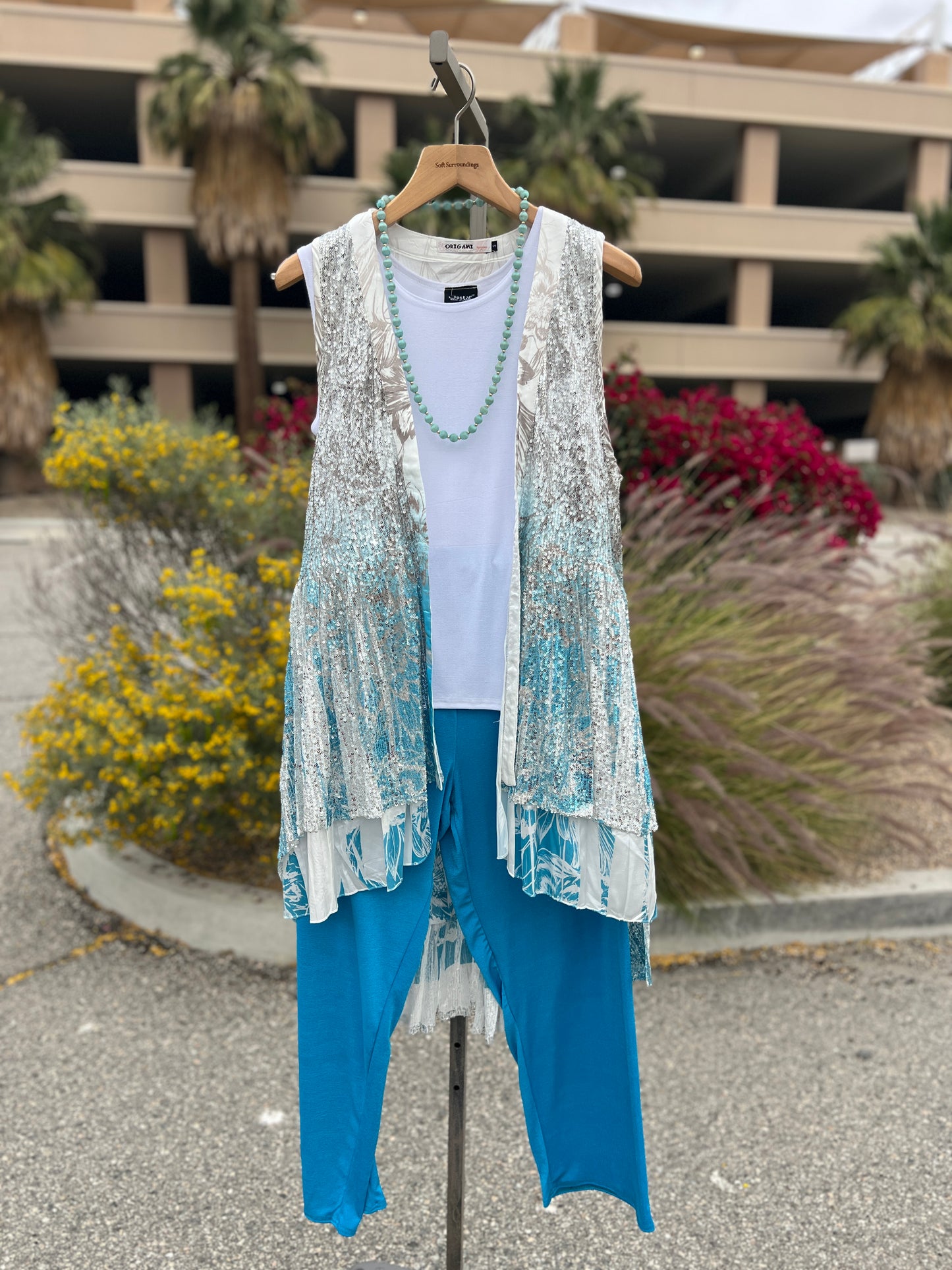 Origami silver and teal sequin long sleeveless vest size small