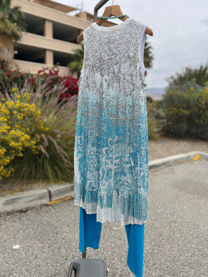 Origami silver and teal sequin long sleeveless vest size small