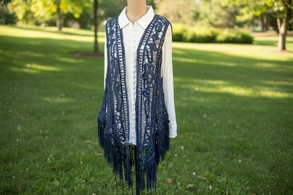 Origami blueweaved frayed Vest sz Medium