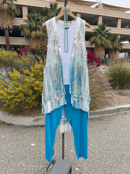 Origami silver and teal sequin long sleeveless vest size small