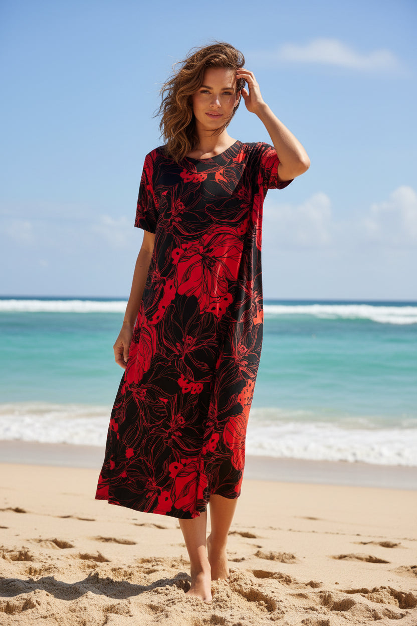 Jostar Red/Black Flower Print Long Dress