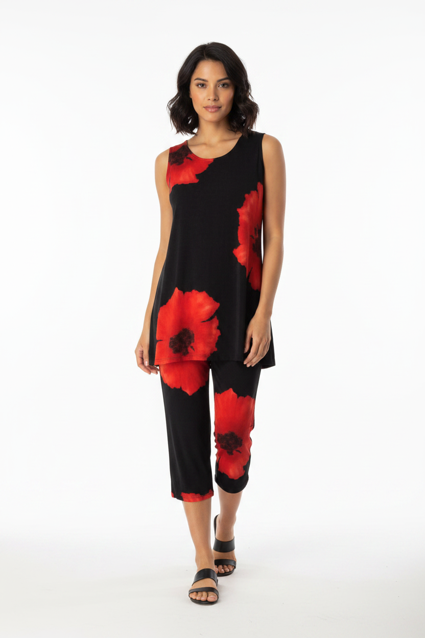 Jostar Sleeveless Capri Set - Red Big Flower - Poly/Spandex