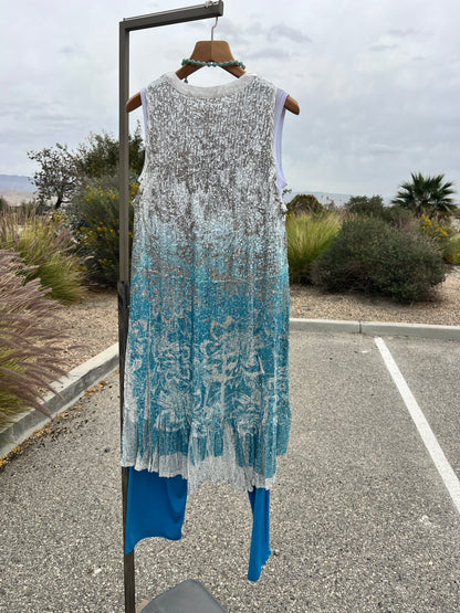 Origami silver and teal sequin long sleeveless vest size small
