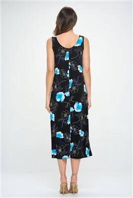 Long tank dress - black with blue flowers - polyester/spandex