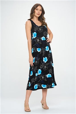 Long tank dress - black with blue flowers - polyester/spandex