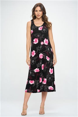 Jostar Long Tank Dress - Black with Pink Flowers - Polyester/Spandex