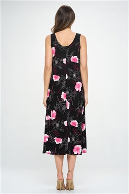 Jostar Long Tank Dress - Black with Pink Flowers - Polyester/Spandex