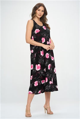 Jostar Long Tank Dress - Black with Pink Flowers - Polyester/Spandex