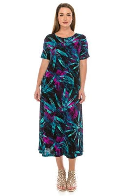 Short sleeve long dress - turquoise/purple leafy print - polyester/spandex Small size