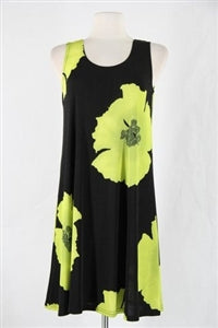 Knee length tank dress - green big flower - polyester/spandex