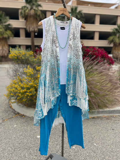 Origami silver and teal sequin long sleeveless vest size small