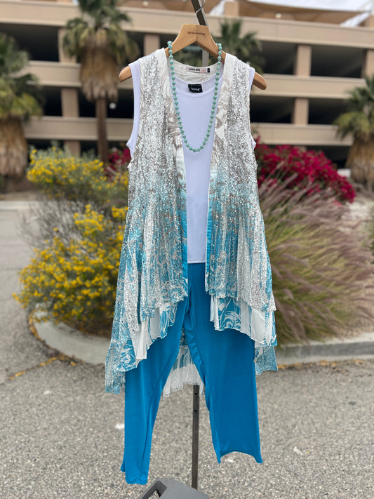 Origami silver and teal sequin long sleeveless vest size small