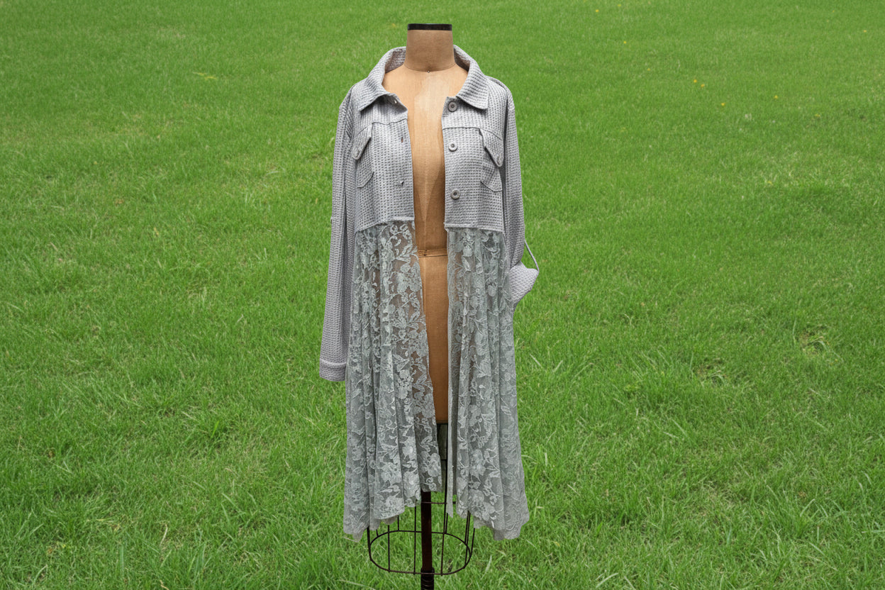 Origami button down 2Pocket L/S V-Neck Gray S/M sz Lace Top