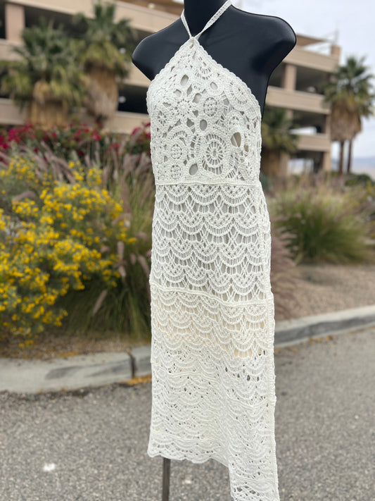 Small crocheted bone colored formal sleeveless dress
