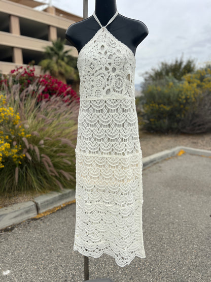 Small crocheted bone colored formal sleeveless dress