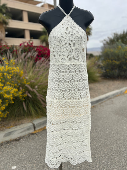 Small crocheted bone colored formal sleeveless dress