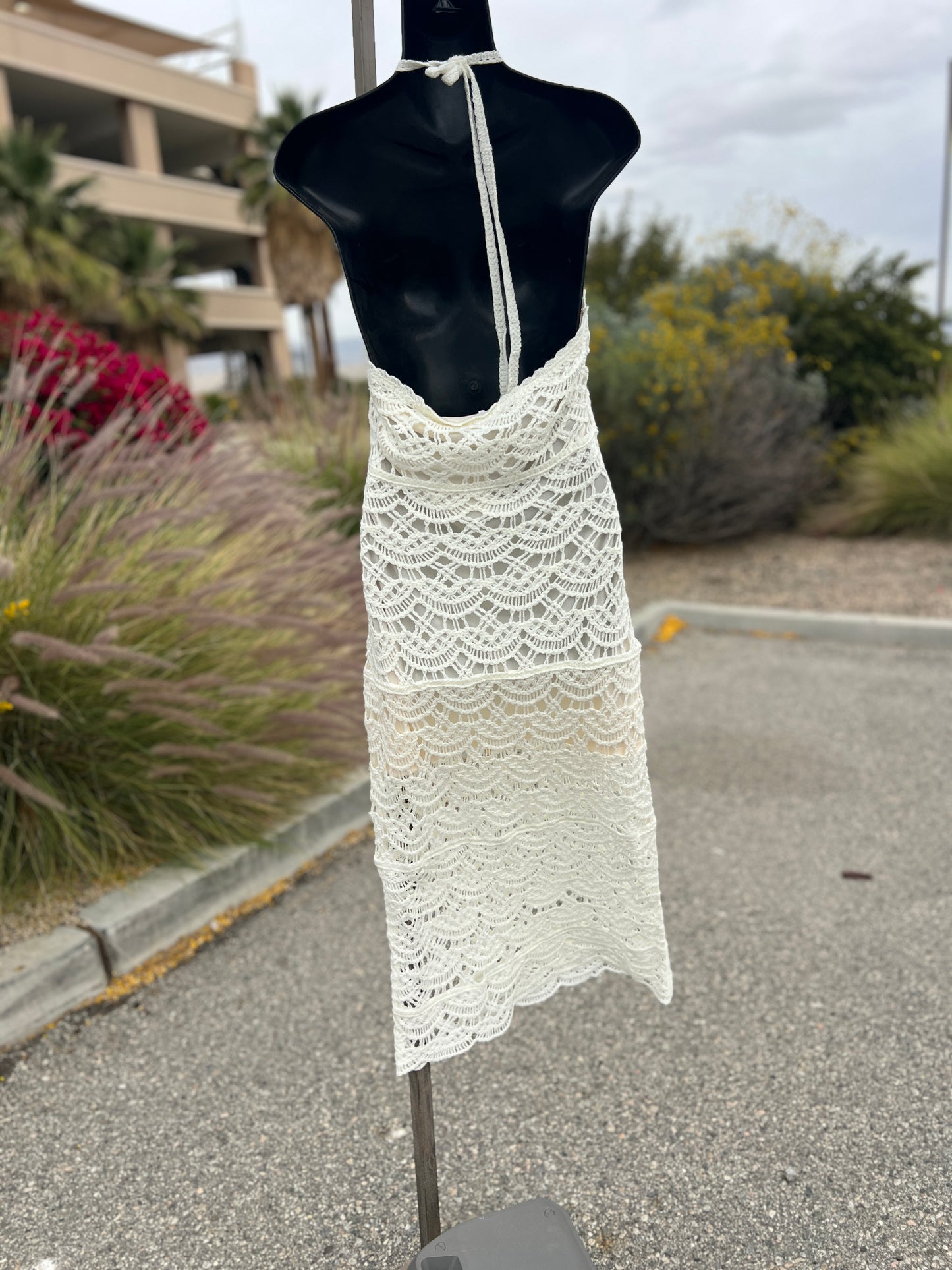 Small crocheted bone colored formal sleeveless dress