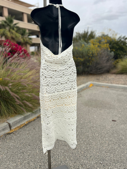 Small crocheted bone colored formal sleeveless dress