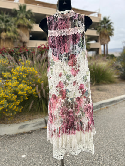 Origami, pink burgundy, lace, flowers, size medium, sleepless, long vest ￼