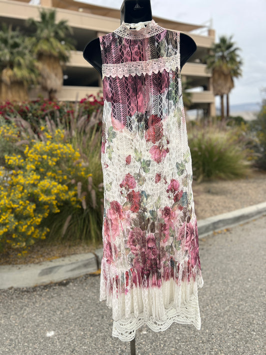 Origami, pink burgundy, lace, flowers, size medium, sleepless, long vest ￼