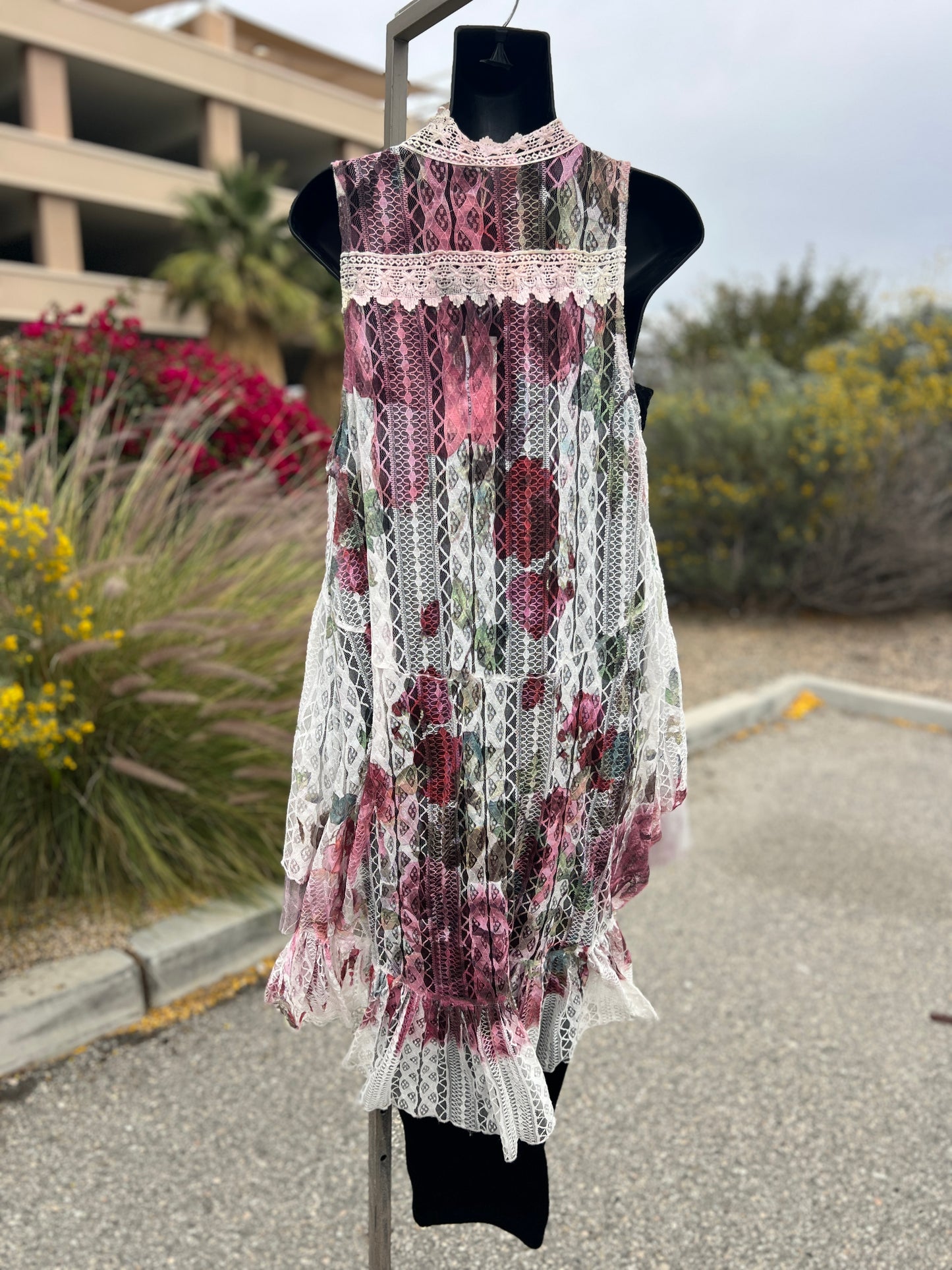 Origami, pink burgundy, lace, flowers, size medium, sleepless, long vest ￼