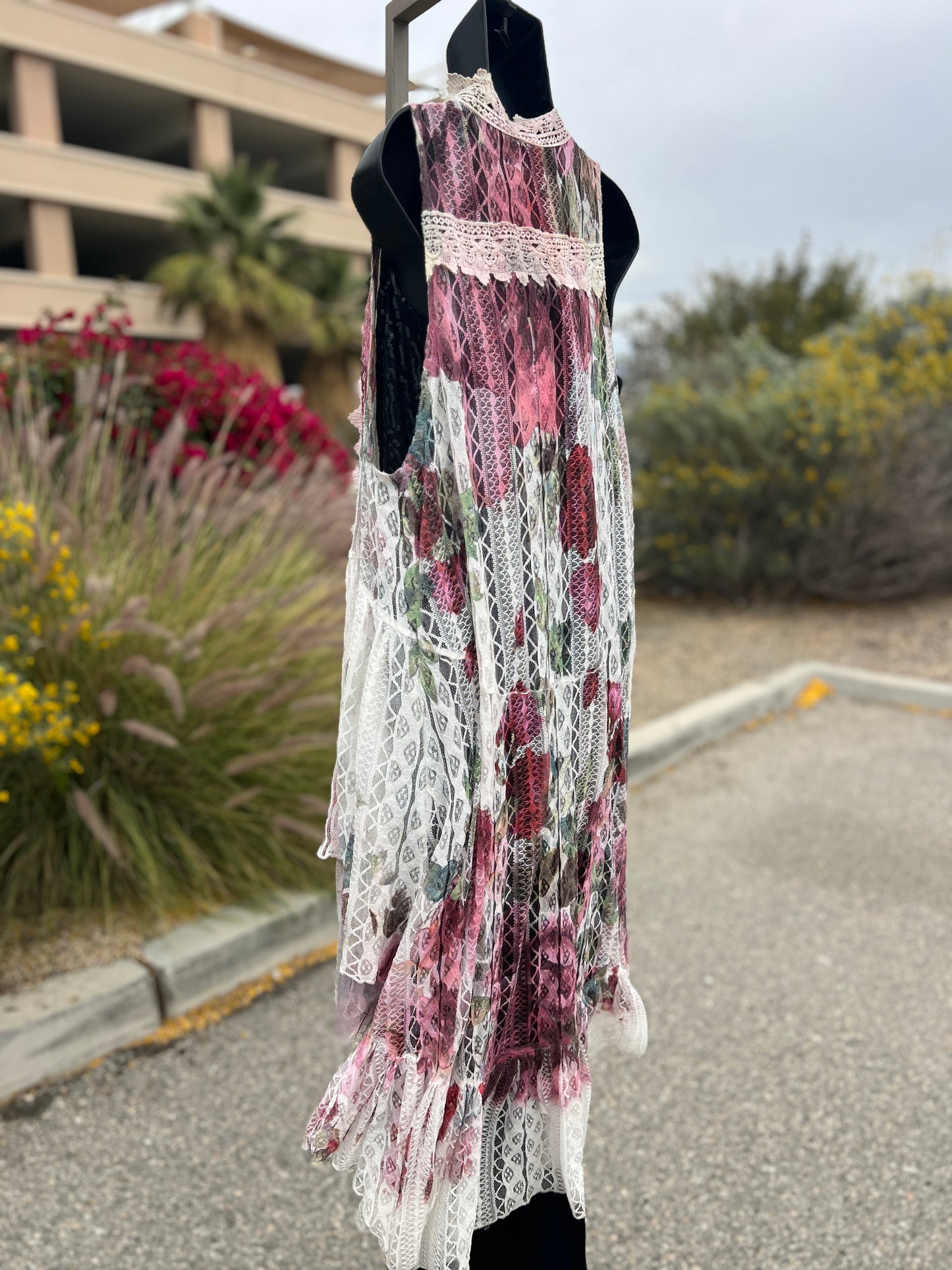 Origami, pink burgundy, lace, flowers, size medium, sleepless, long vest ￼