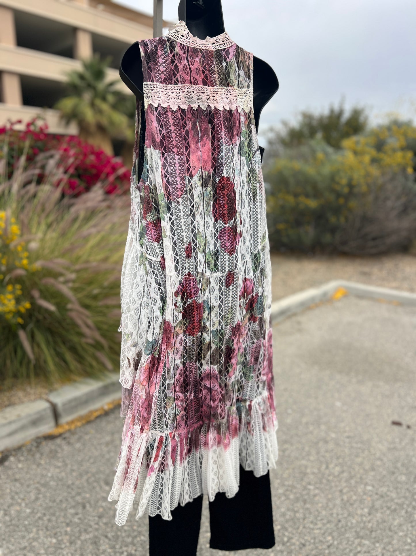 Origami, pink burgundy, lace, flowers, size medium, sleepless, long vest ￼