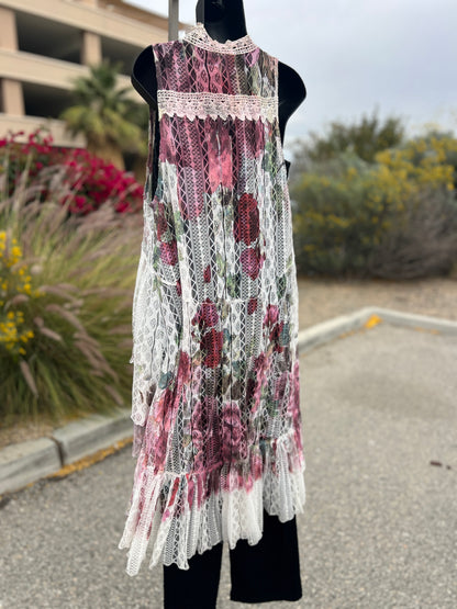 Origami, pink burgundy, lace, flowers, size medium, sleepless, long vest ￼