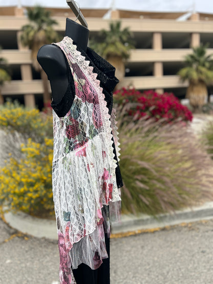 Origami, pink burgundy, lace, flowers, size medium, sleepless, long vest ￼