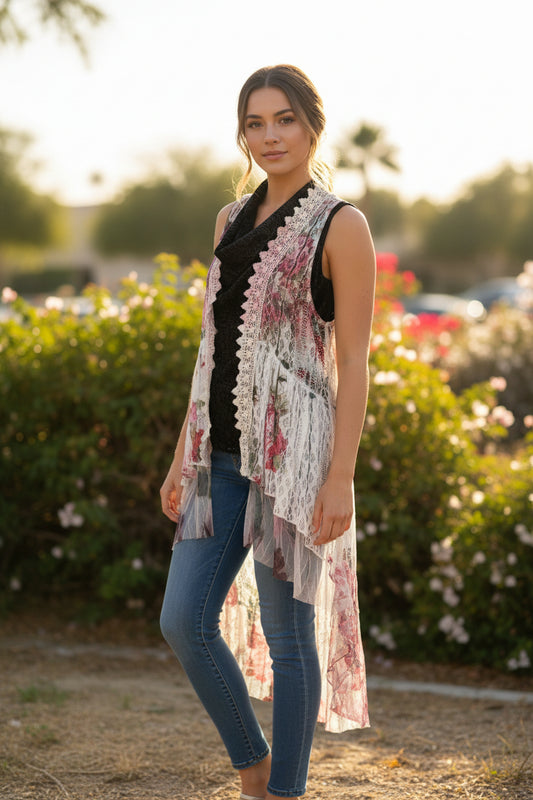 Origami, pink burgundy, lace, flowers, size medium, sleepless, long vest ￼
