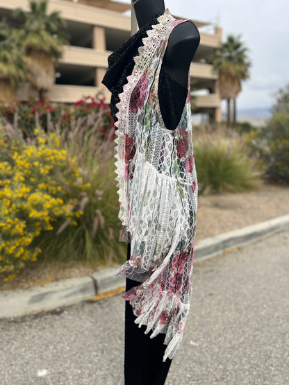 Origami, pink burgundy, lace, flowers, size medium, sleepless, long vest ￼