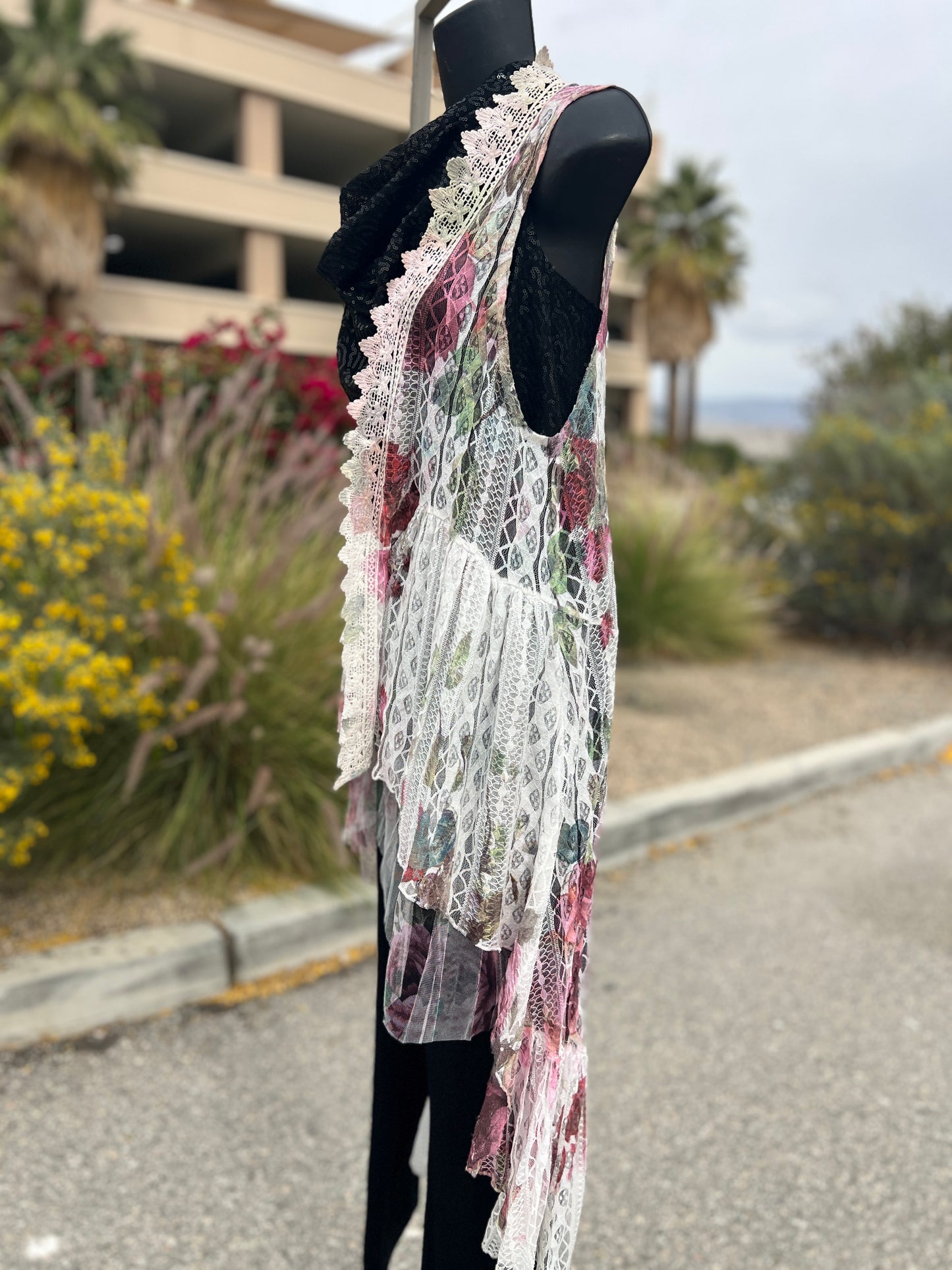 Origami, pink burgundy, lace, flowers, size medium, sleepless, long vest ￼