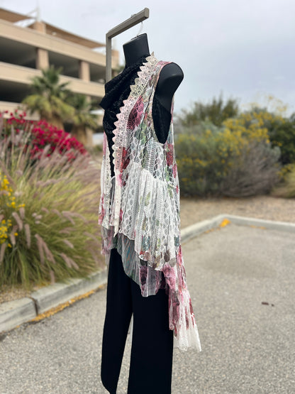 Origami, pink burgundy, lace, flowers, size medium, sleepless, long vest ￼
