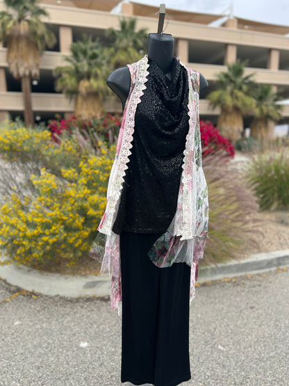 Origami, pink burgundy, lace, flowers, size medium, sleepless, long vest ￼