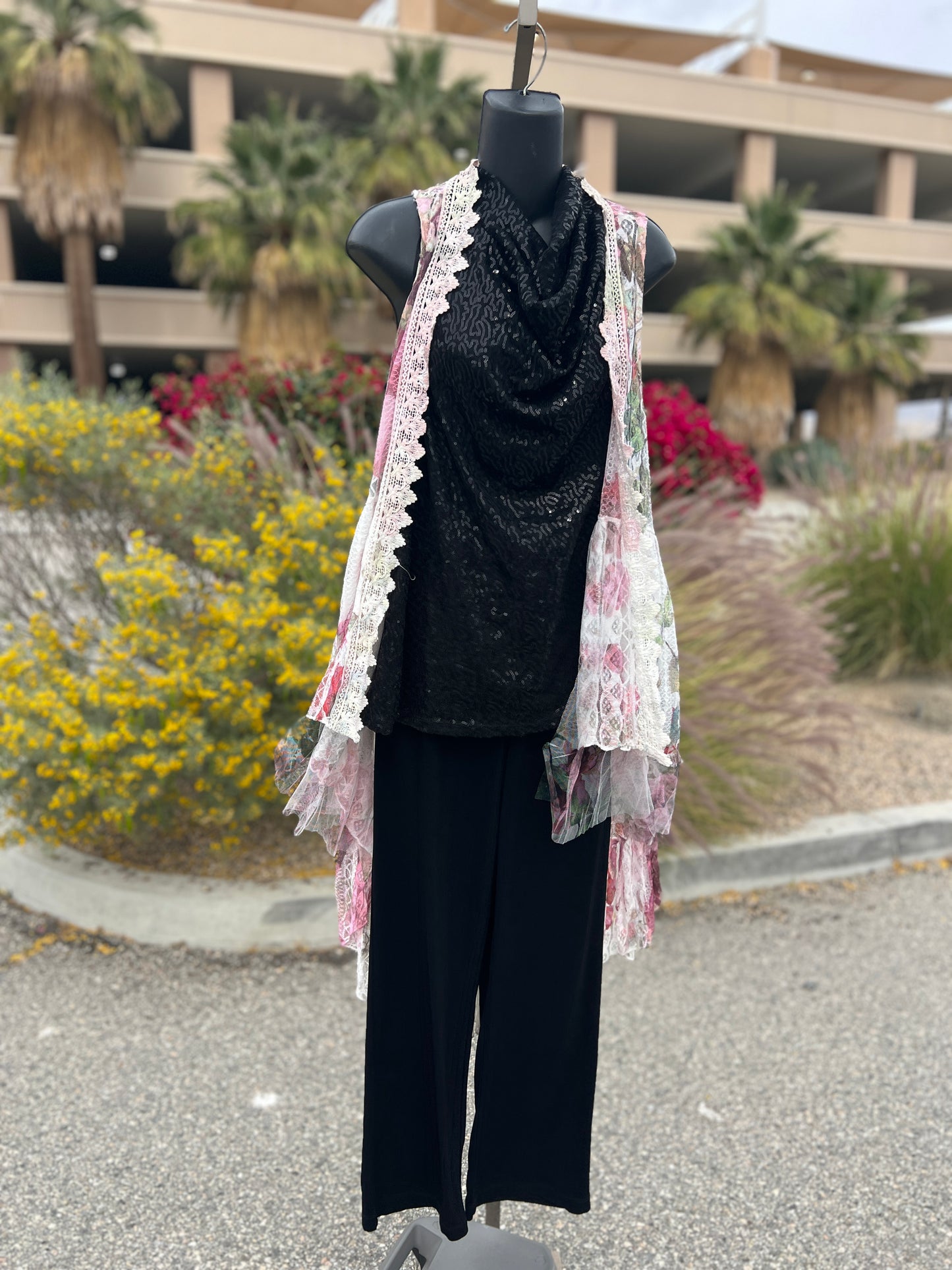 Origami, pink burgundy, lace, flowers, size medium, sleepless, long vest ￼