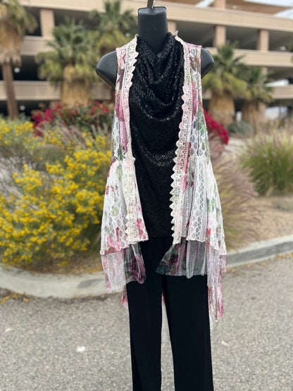 Origami, pink burgundy, lace, flowers, size medium, sleepless, long vest ￼