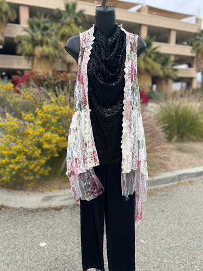 Origami, pink burgundy, lace, flowers, size medium, sleepless, long vest ￼